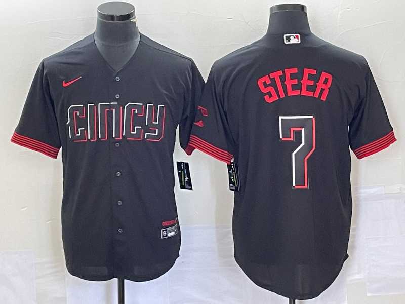 Men%27s Cincinnati Reds #7 Spencer Steer Black 2023 City Connect Cool Base Stitched Baseball Jersey 1->los angeles dodgers->MLB Jersey